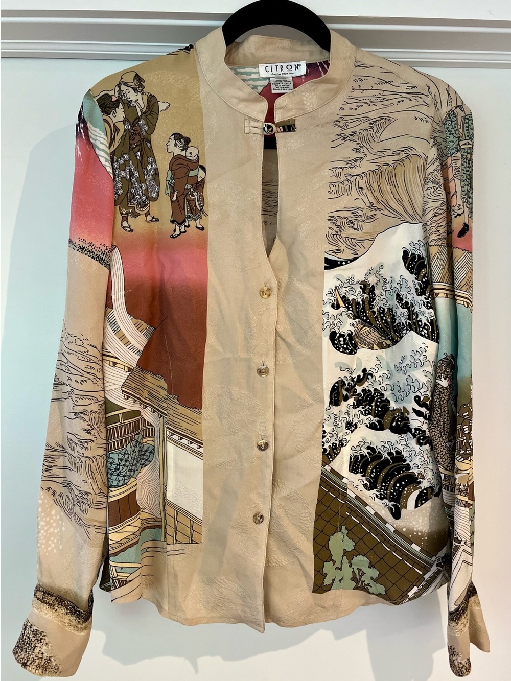 Citron Santa Monica Vintage Silk Japanese Wave Scenic Art Blouse S